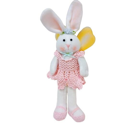 EASTER Rabbit GIRL BUNNY 11" Pink Crochet Dress Decoration Room Decor Whymsical - Picture 1 of 10